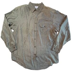 Vintage 80s Silk Blouse Women‎ L Green Long Sleeve Collar Button-up Siren Office